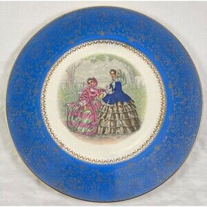 Colonial Ladies Dinner Plate Blue Century By Salem 23k Gold Filigree 11” Vintage